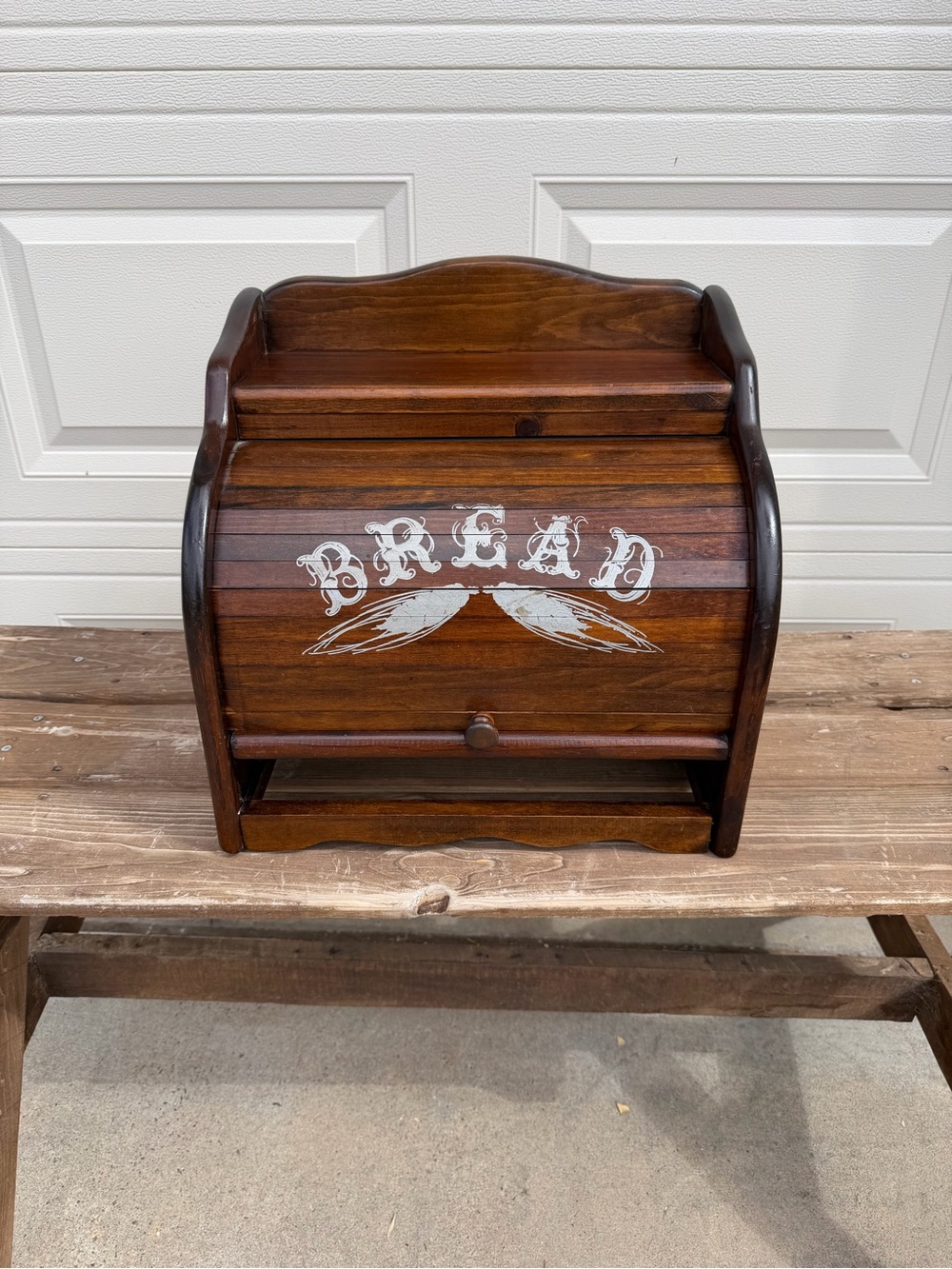 VTG Wooden Roll-Top Bread Box with White Lettering
